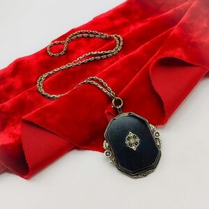 Victorian Mourning Jewelry Black Onyx Marcasite Necklace Pendant